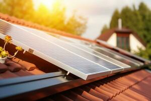 Solar panels installed on the roof of a house. Alternative energy source photo