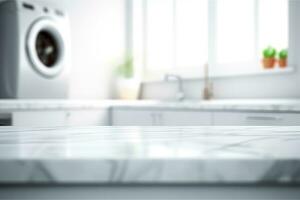 Laundry room interior with white marble floor and washing machine photo