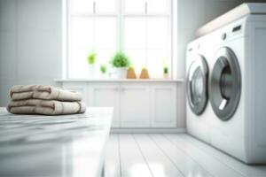Laundry room interior with white marble floor and washing machine photo