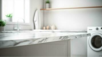 Laundry room interior with white marble floor and washing machine photo