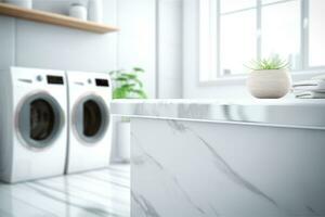 Laundry room interior with white marble floor and washing machine photo