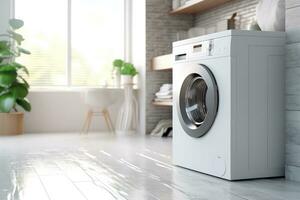 Laundry room interior with white marble floor and washing machine photo