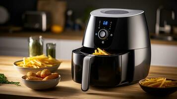 Modern electric machine with French fries on the table in the kitchen photo