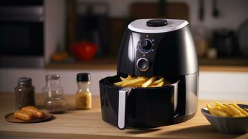 Modern electric machine with French fries on the table in the kitchen photo