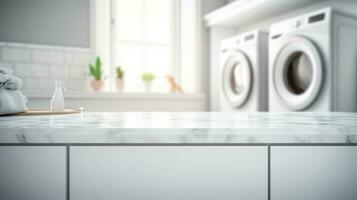 Laundry room interior with white marble floor and washing machine photo