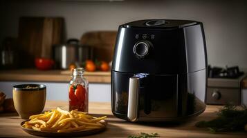 Modern electric machine with French fries on the table in the kitchen photo