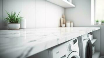 Laundry room interior with white marble floor and washing machine photo