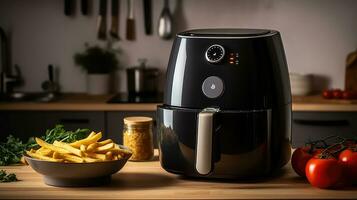 Modern electric machine with French fries on the table in the kitchen photo