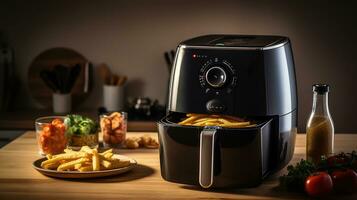 Modern electric machine with French fries on the table in the kitchen photo