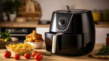 Modern electric machine with French fries on the table in the kitchen photo