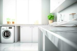 Laundry room interior with white marble floor and washing machine photo