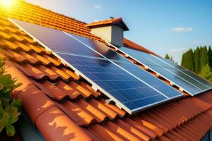 Solar panels installed on the roof of a house. Alternative energy source photo