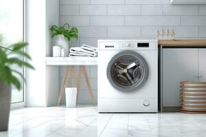 Laundry room interior with white marble floor and washing machine photo