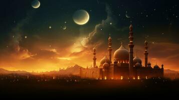 Ramadan Kareem background with mosque and moon, Eid greetings background, Mosque night view photo