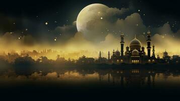 Ramadan Kareem background with mosque and moon, Eid greetings background, Mosque night view photo