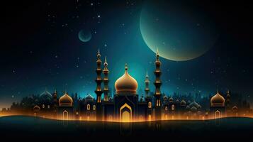 Ramadan Kareem background with mosque and moon, Eid greetings background, Mosque night view photo