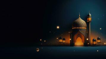 Ramadan Kareem background with mosque and moon, Eid greetings background, Mosque night view photo