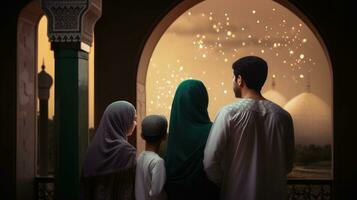 Muslim family view mosque. muslim family eid greetings back view, Jumma Mubarak photo