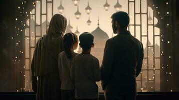 Muslim family view mosque. muslim family eid greetings back view, Jumma Mubarak photo