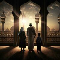 Muslim family view mosque. muslim family eid greetings back view, Jumma Mubarak photo