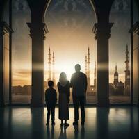 Muslim family view mosque. muslim family eid greetings back view, Jumma Mubarak photo