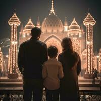 Muslim family view mosque. muslim family eid greetings back view, Jumma Mubarak photo