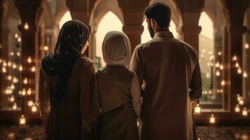 Muslim family view mosque. muslim family eid greetings back view, Jumma Mubarak photo