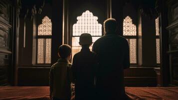 Muslim family view mosque. muslim family eid greetings back view, Jumma Mubarak photo