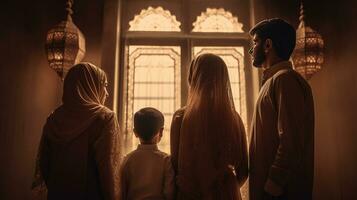 Muslim family view mosque. muslim family eid greetings back view, Jumma Mubarak photo