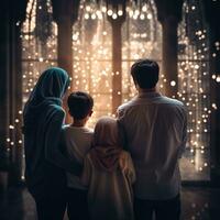 Muslim family view mosque. muslim family eid greetings back view, Jumma Mubarak photo