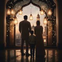 Muslim family view mosque. muslim family eid greetings back view, Jumma Mubarak photo