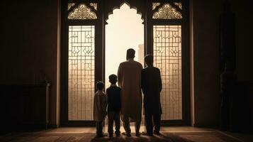 Muslim family view mosque. muslim family eid greetings back view, Jumma Mubarak photo