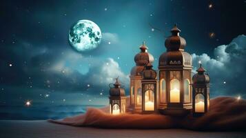 Ramadan Kareem background with mosque and moon, Eid greetings background, Mosque night view photo