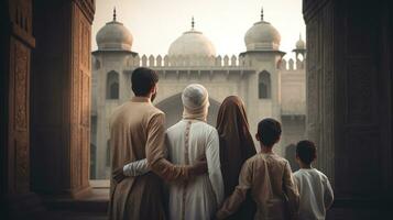 Muslim family view mosque. muslim family eid greetings back view, Jumma Mubarak photo