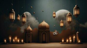 Ramadan Kareem background with mosque and moon, Eid greetings background, Mosque night view photo