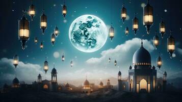 Ramadan Kareem background with mosque and moon, Eid greetings background, Mosque night view photo