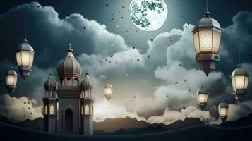 Ramadan Kareem background with mosque and moon, Eid greetings background, Mosque night view photo