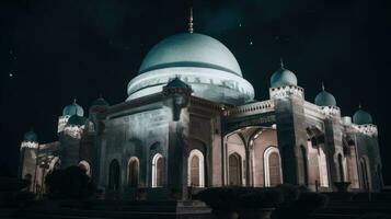 Ramadan Kareem background with mosque and moon, Eid greetings background, Mosque night view photo