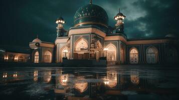 Mosque at night view, eid greetings, ramadan kareem photo
