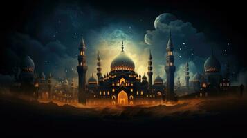 Ramadan Kareem background with mosque and moon, Eid greetings background, Mosque night view photo