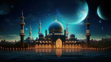 Ramadan Kareem background with mosque and moon, Eid greetings background, Mosque night view photo