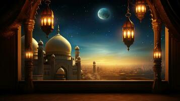 Ramadan Kareem background with mosque and moon, Eid greetings background, Mosque night view photo