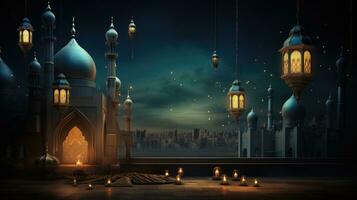 Ramadán kareem antecedentes con mezquita y luna, eid saludos fondo, mezquita noche ver foto