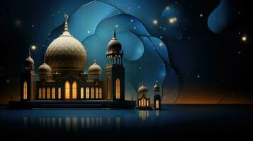 Ramadan Kareem background with mosque and moon, Eid greetings background, Mosque night view photo