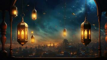 Ramadan Kareem background with mosque and moon, Eid greetings background, Mosque night view photo