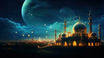 Ramadan Kareem background with mosque and moon, Eid greetings background, Mosque night view photo