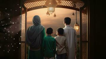 Muslim family view mosque. muslim family eid greetings back view, Jumma Mubarak photo