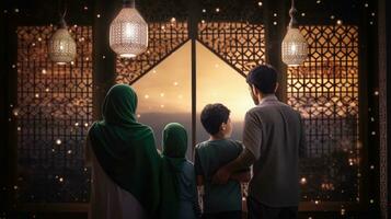 Muslim family view mosque. muslim family eid greetings back view, Jumma Mubarak photo