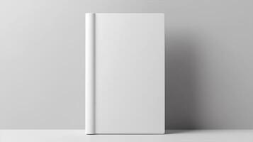 Blank white book cover mockup standing on table photo