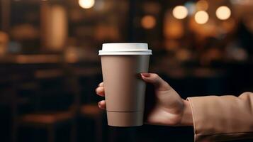 Female hand holding a paper cup of coffee. Close-up. photo